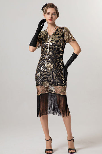Sparkly Black Golden Fringed V Neck 1920s Dress with Short Sleeves